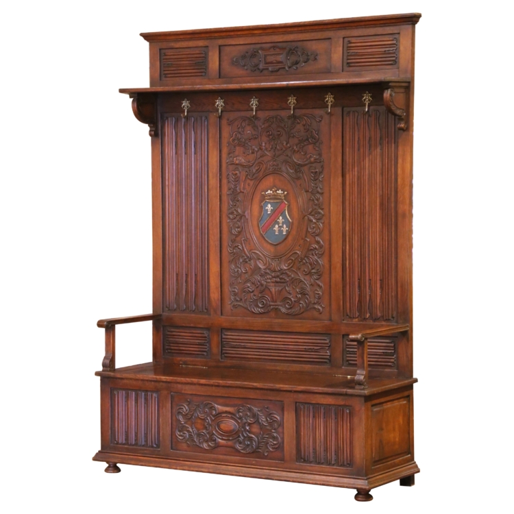 19th C. French Gothic Oak Hall Stand Bench Heraldic Crest and Linen Fold Panels