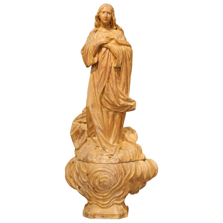 Early 19th Century French Carved Pine Religious Figure on Carved Cloud Form Base