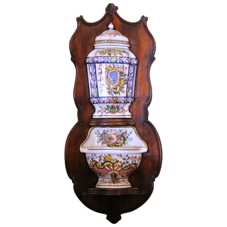Mid-Century French Hand Painted Corner Desvres Wall Faience Lavabo Fountain