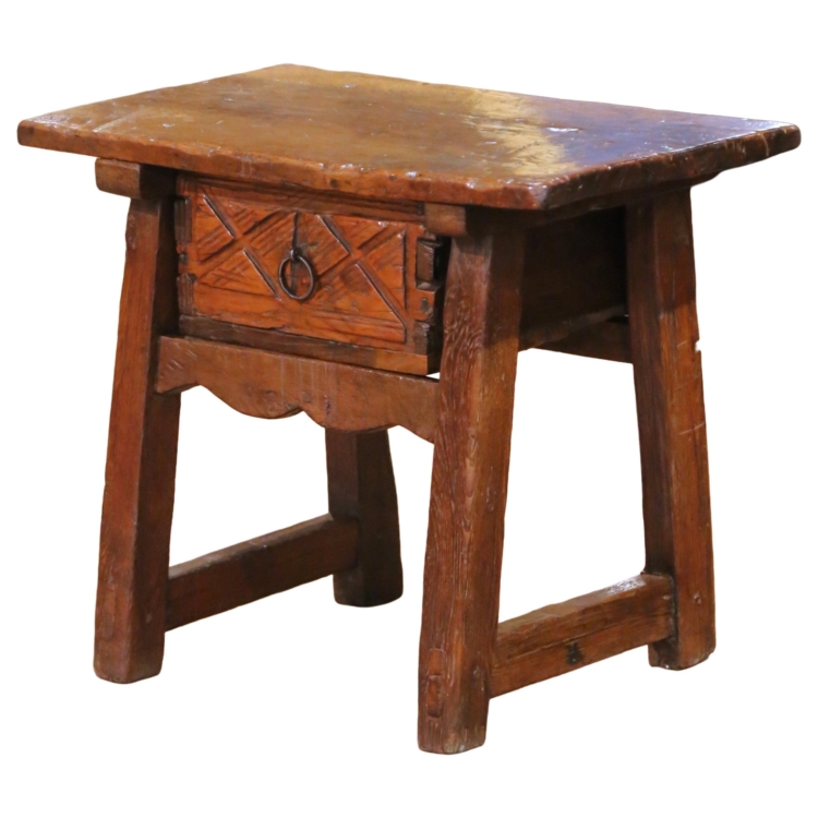 18th Century Spanish Walnut Single Plank Top Side Table with Carved Drawer