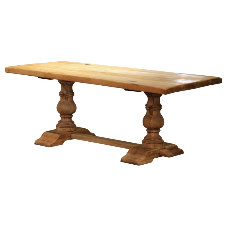 19th C. French Carved Bleached Oak Refectory Farm Dining Table