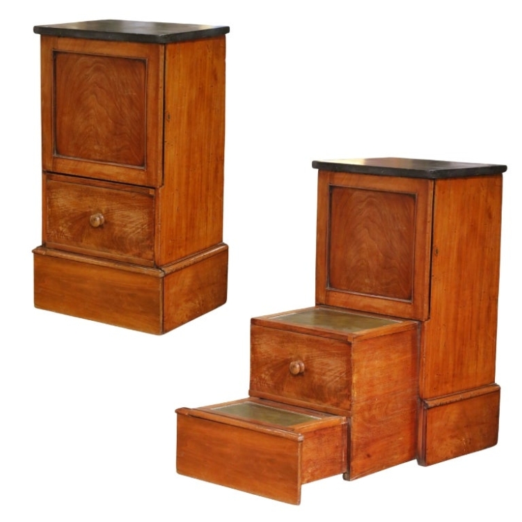 19th Century French Walnut Step Stool Cabinet with Leather Step and Marble Top