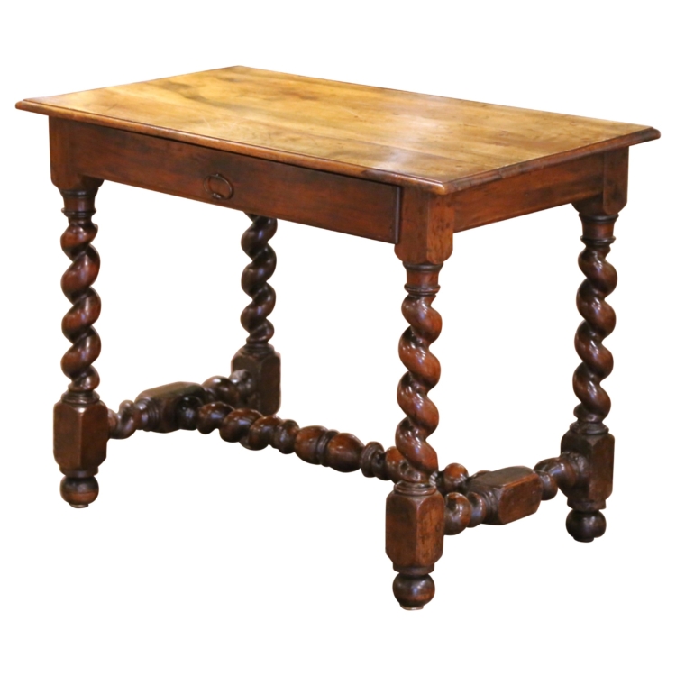 18th C. French Louis XIII Walnut Table Desk with Barley Twist Legs and Drawer