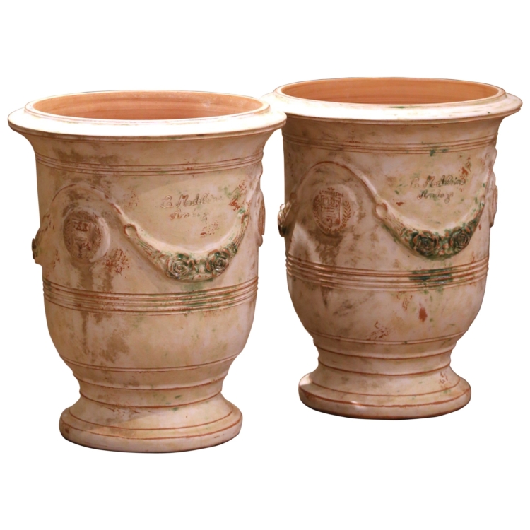 Pair of French Weathered Terracotta Anduze Planters by La Madeleine