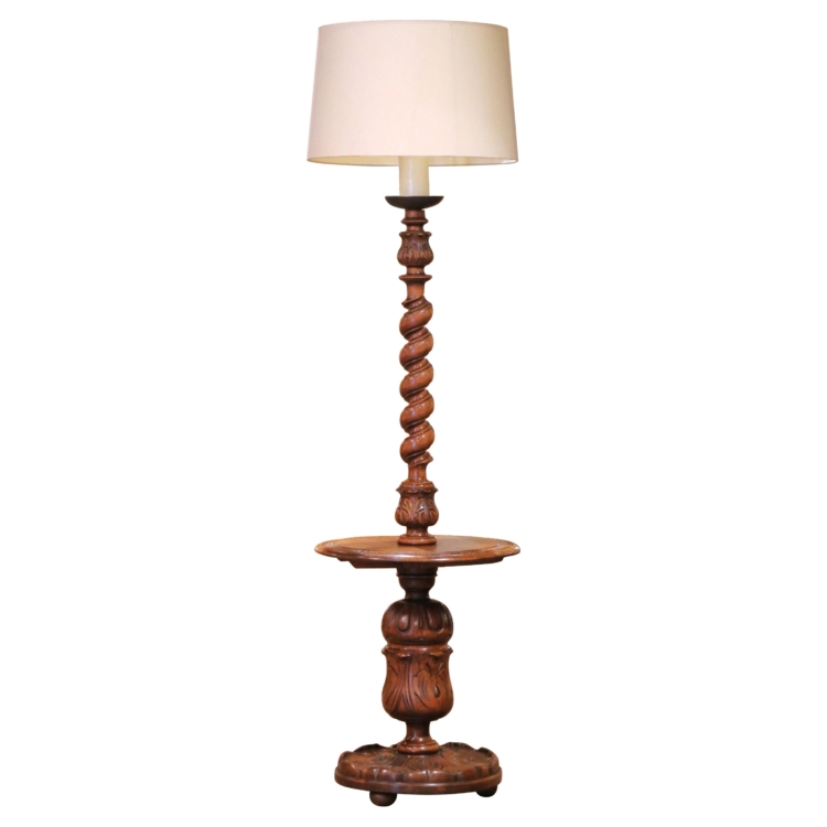 Early 20th Century French Carved Barley Twist Floor Lamp with Attached Table