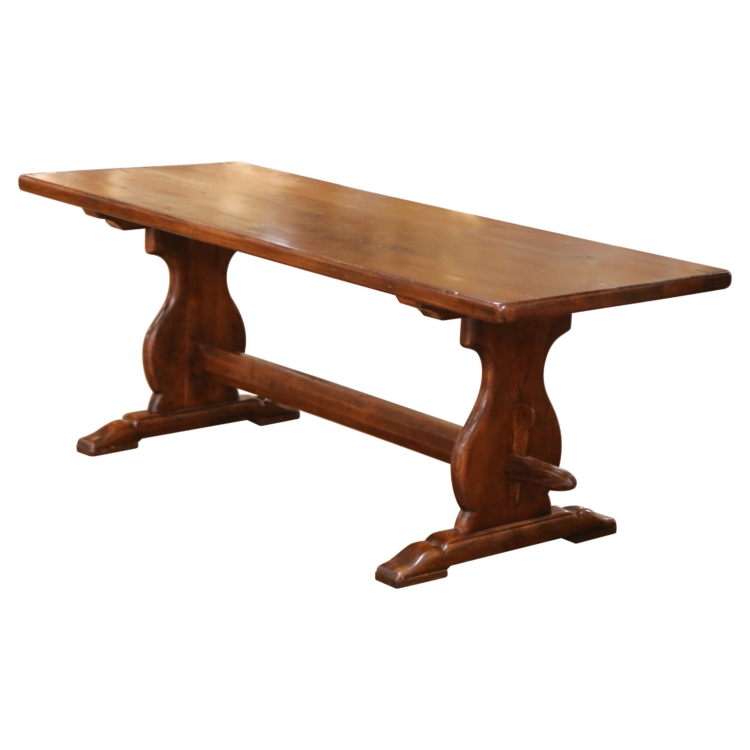 19th C. French Elm Refectory Farm Table with Trestle Base and Cross Stretcher