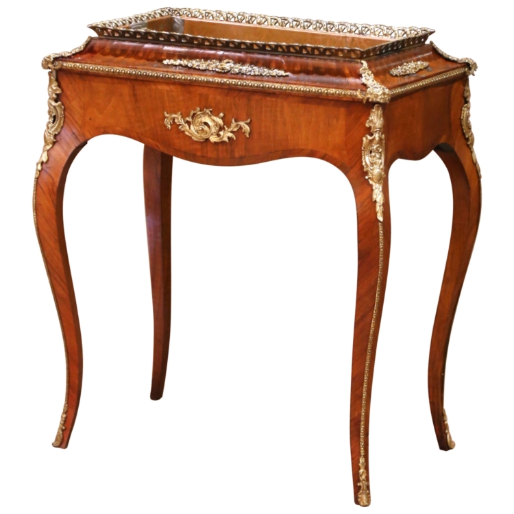 19th C. French Louis XV Veneer Jardinière with Bronze Ormolu Mounts & Zinc Tray