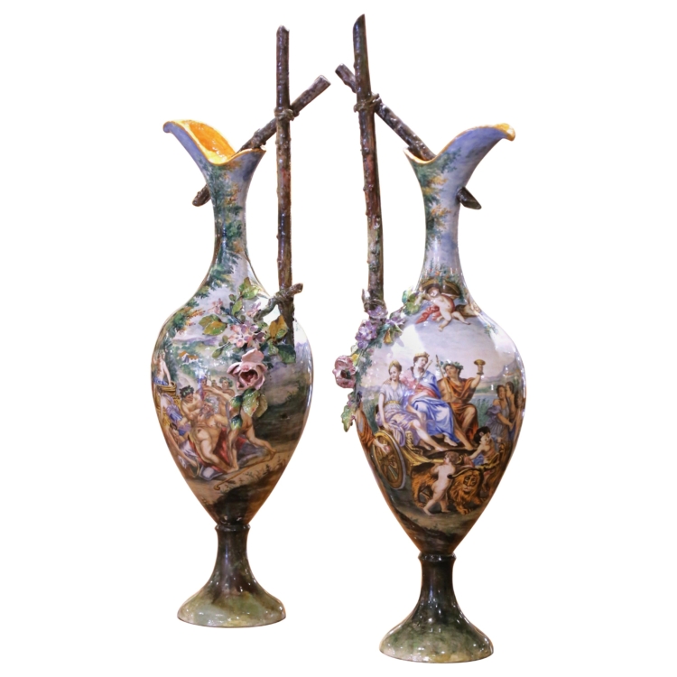 Pair of 19th Century Italian Capodimonte Majolica Ewers with Bacchic Scenes