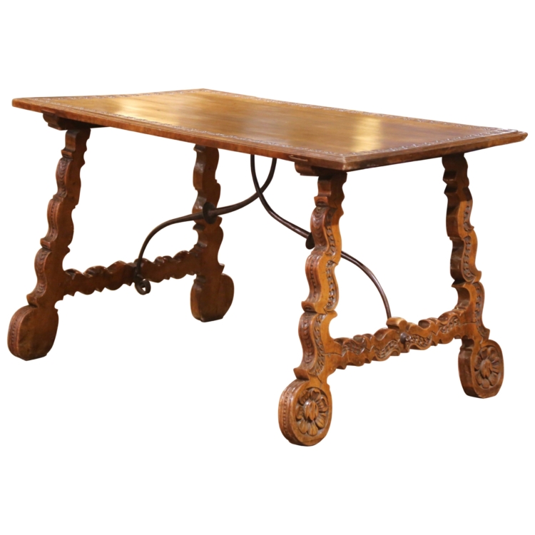 19th C. Spanish Walnut Single Plank Top Side Table Desk with Carved Lyre Legs