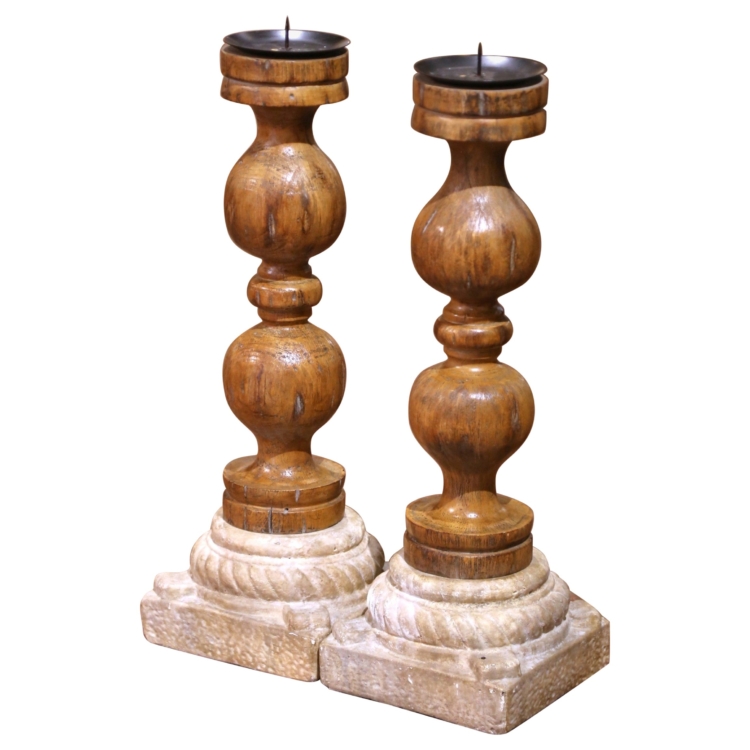 Pair of Early 20th C. French Gothic Oak Candle Stands on Carved Stone Bases