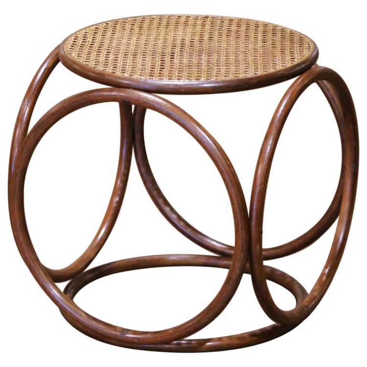 Early 20th Century French Thonet Style Bentwood and Cane Stool Ottoman