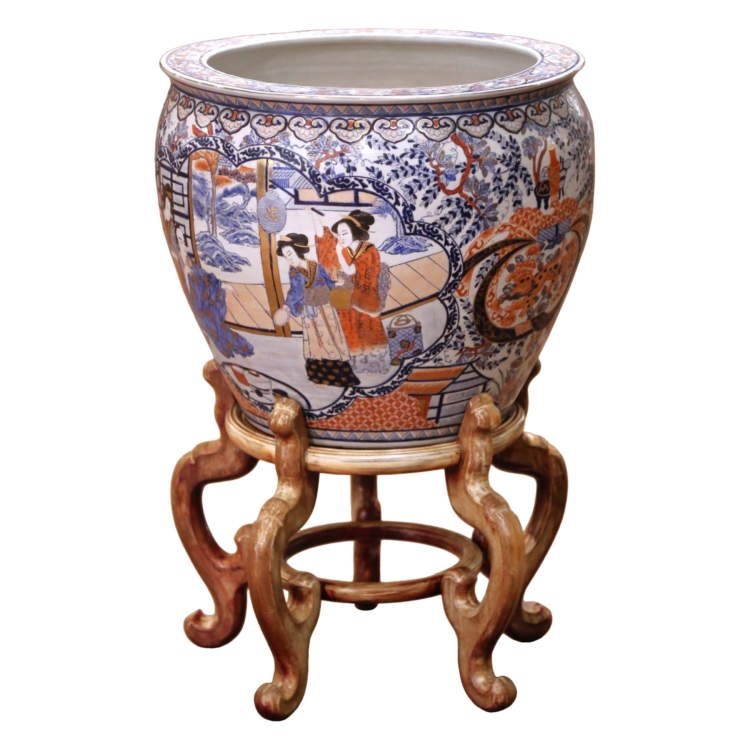 Mid-Century Chinese Porcelain Fish Bowl on Carved Wooden Stand and Faux Tree