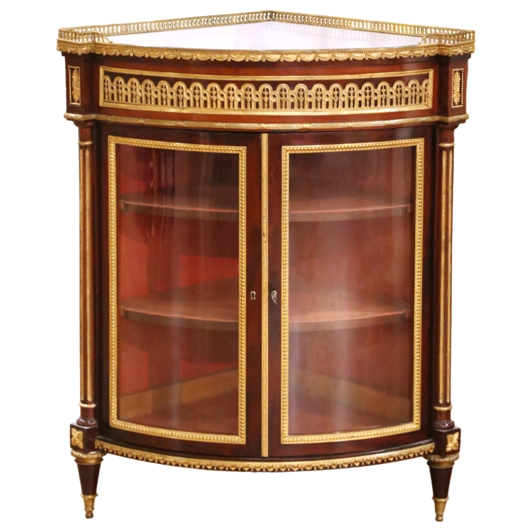 19th Century Parisian Louis XVI Mahogany & Ormolu Corner Vitrine with Marble Top