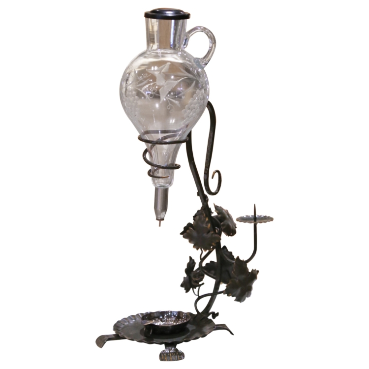 Mid-Century French Iron and Glass Wine Decanter Dispenser with Tastevin Cup