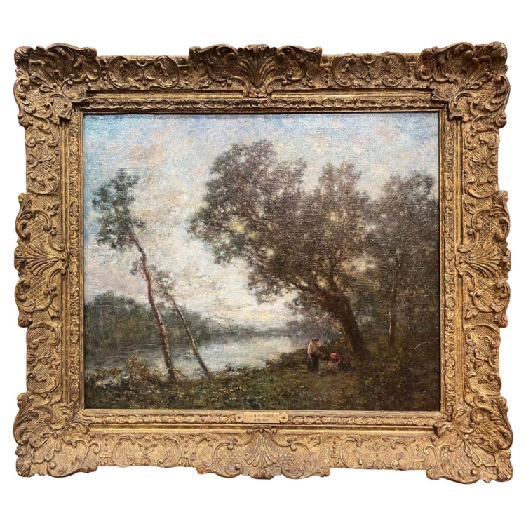 19th Century French Landscape Painting Signed Corot in Original Giltwood Frame