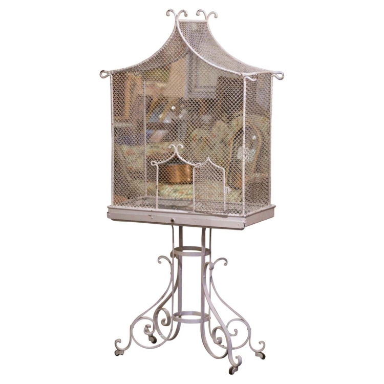 Early 20th Century French Iron Pagoda Bird Cage on Stand with White Finish