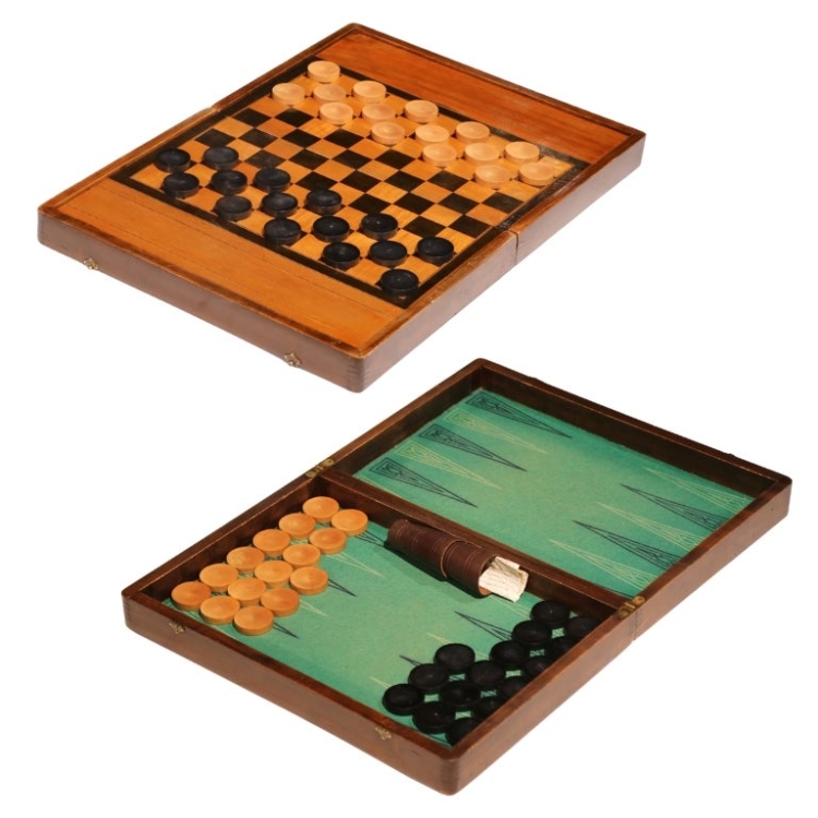 19th Century French Walnut and Inlaid Backgammon & Checkers Game Box