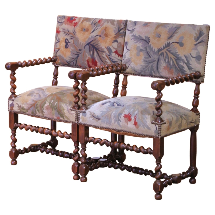 Pair of 19th C. French Louis XIII Walnut Armchairs with Aubusson Upholstery