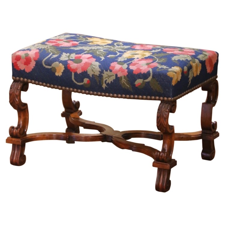 19th Century French Louis XIII Walnut Stool with Floral Needlepoint Upholstery