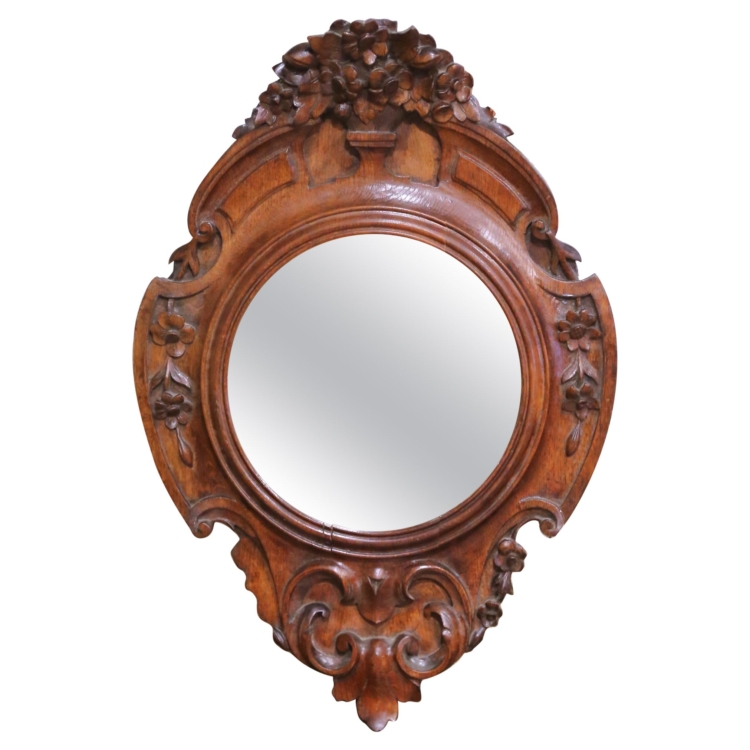 19th Century French Black Forest Carved Oak Mirror with Floral Crest