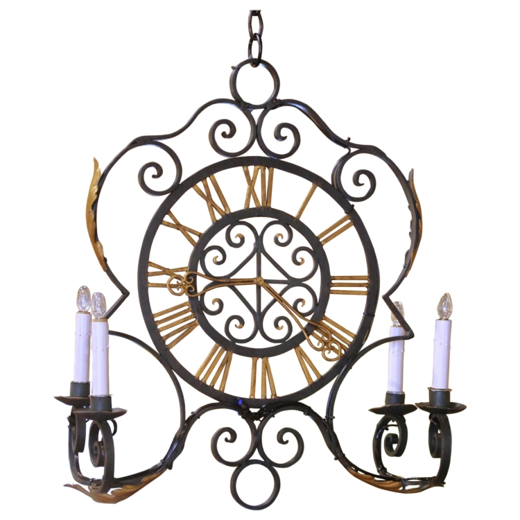 Early 20th C. French Green Painted and Gilt Wrought Iron Clock Face Chandelier