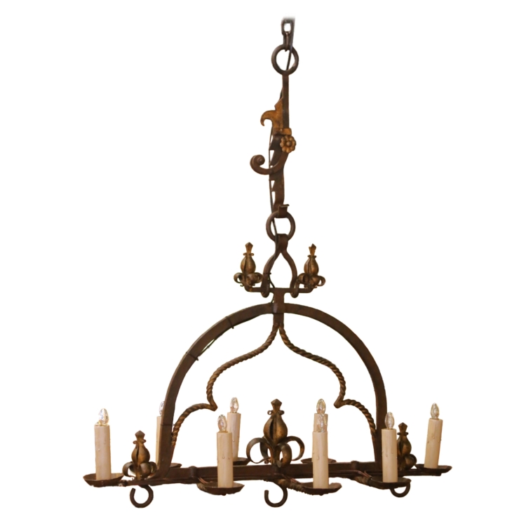 19th Century French Gothic Wrought Iron Eight-Light Chandelier with Gilt Accents
