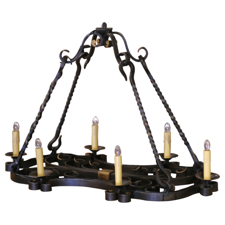 19th C. French Wrought Iron Chandelier Six-Light Chandelier with Gilt Accents