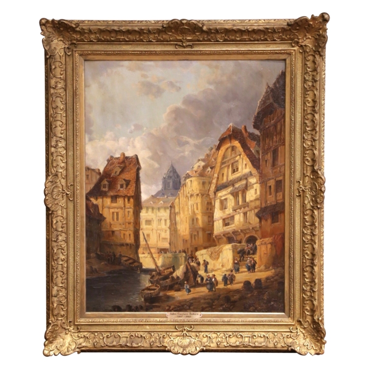 19th Century Belgium Harbor Scene Oil on Canvas Painting Signed Jules Bahieu