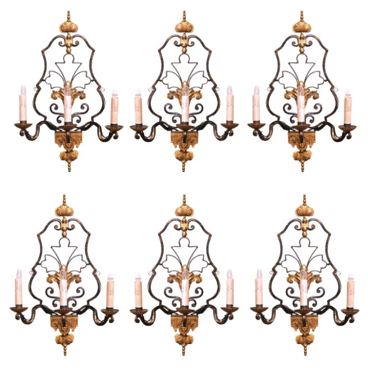 Set of Six Early 20th Century French Iron Three-Light Sconces with Gilt Accents