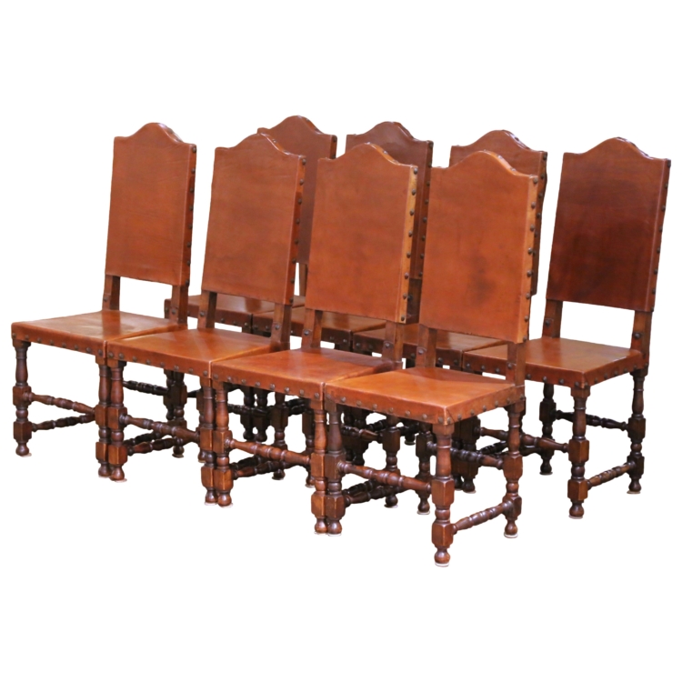 19th Century Spanish Carved Oak Dining Chairs with Leather Seats, Set of Eight