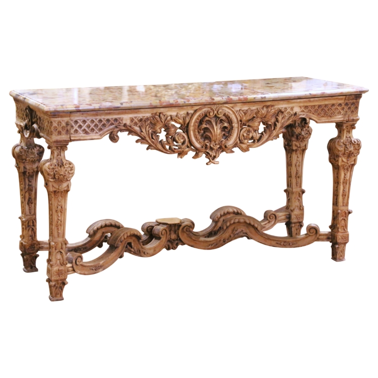 18th C. French Louis XIV Bleached Walnut Console Table with Breccia Marble Top