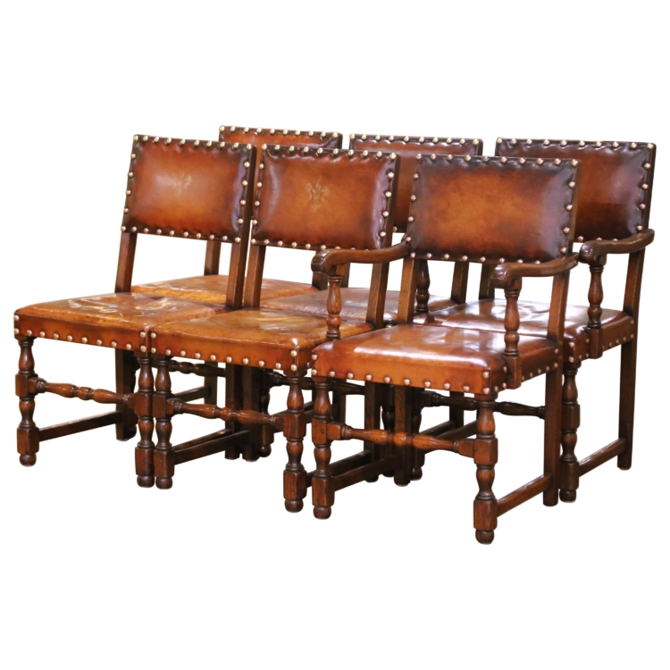 19th Century French Oak Dining Chairs & Armchairs with Leather Seats, Set of 6