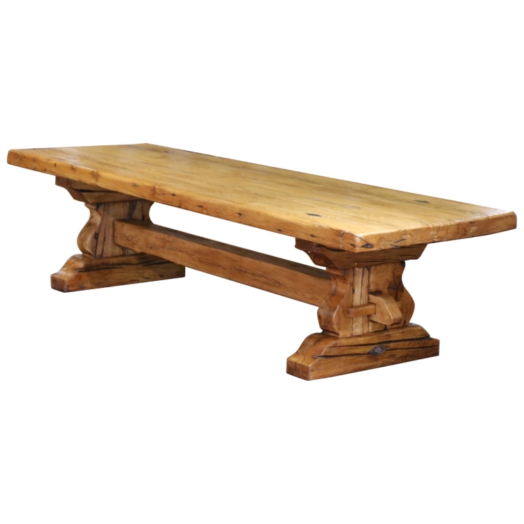Large Mid-Century French Bleach Oak Trestle Refectory Monastery Dining Table
