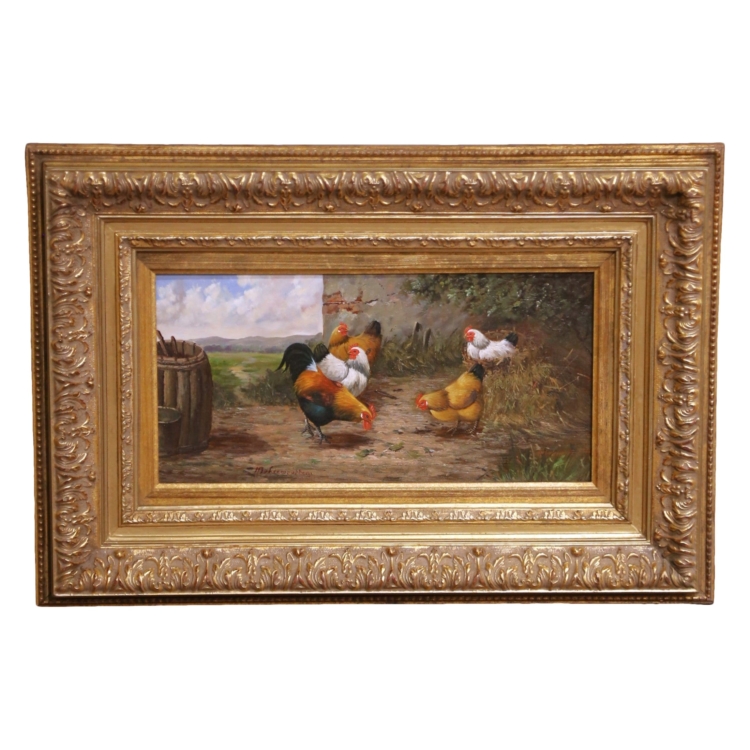 19th C. Farmyard Scene with Chickens Painting Signed Cornelius Van Leemputten