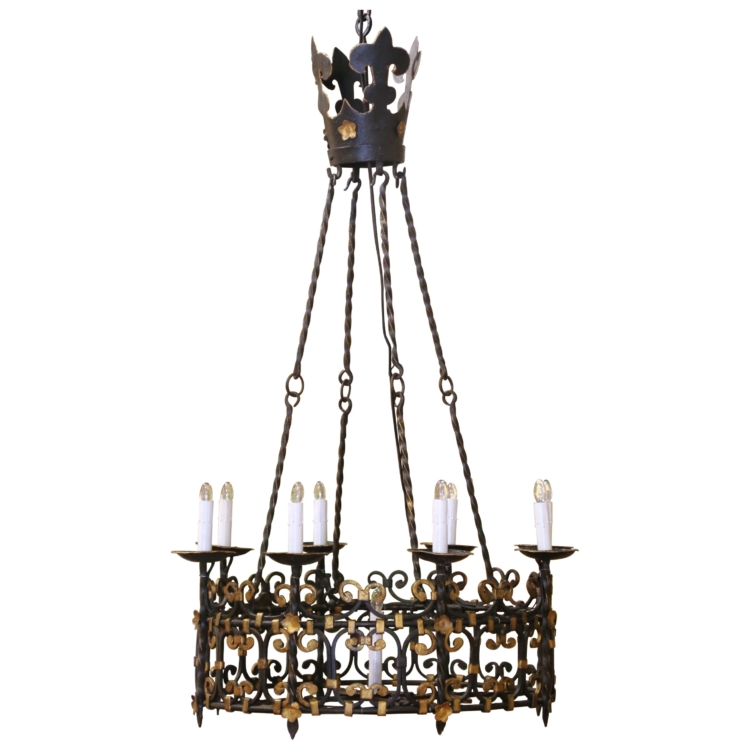 19th C. French Gothic Wrought Iron Chandelier with Crown Top and Gilt Accents
