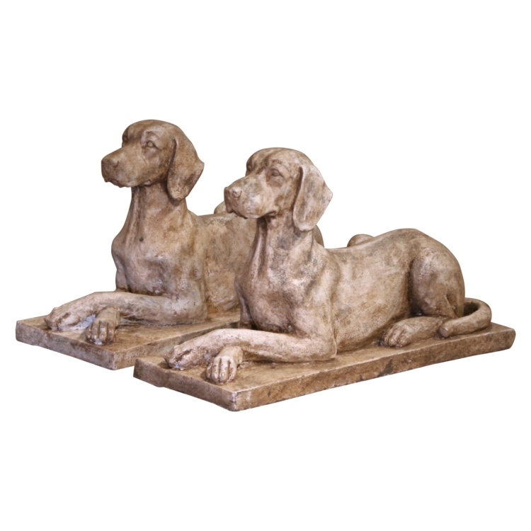 Pair Mid-Century English Patinated Cast Stone Recumbent Hounds on Plinth Bases