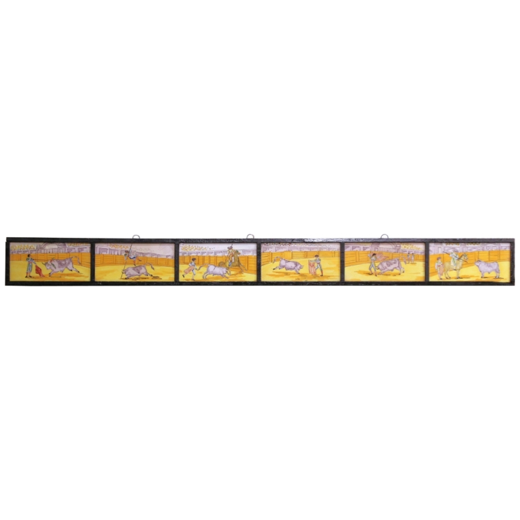 19th Century Spanish Painted Bullfighting Tile Frieze in Wooden Frame