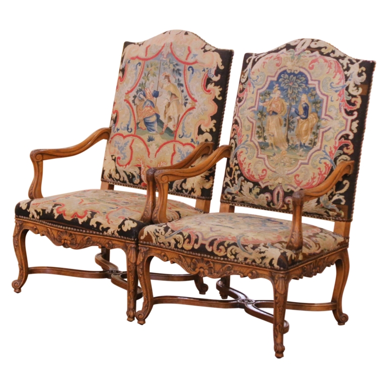 Pair of 19th Century French Louis XV Armchairs with Needlepoint ...